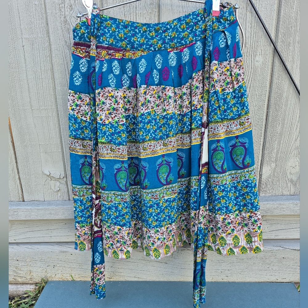 Floral Bohemian Lined Summer Skirt with Ties - Maude - Blues and Multi-colors